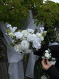 Garden white classic bridal bouquet with dahlias, roses, eucalyptus and berries 