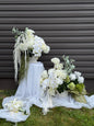 White hydrangeas, dahlias, hanging amaranthus and orchid modern wedding 
