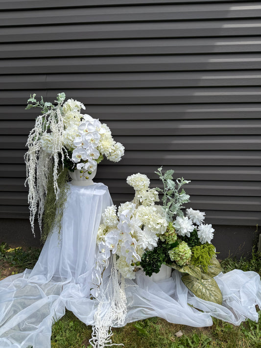 White hydrangeas, dahlias, hanging amaranthus and orchid modern wedding Floral decor