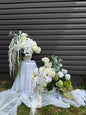 White hydrangeas, dahlias, hanging amaranthus and orchid modern wedding Floral decor