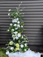 Garden white classic broken arch with dahlias, roses, eucalyptus and brunches