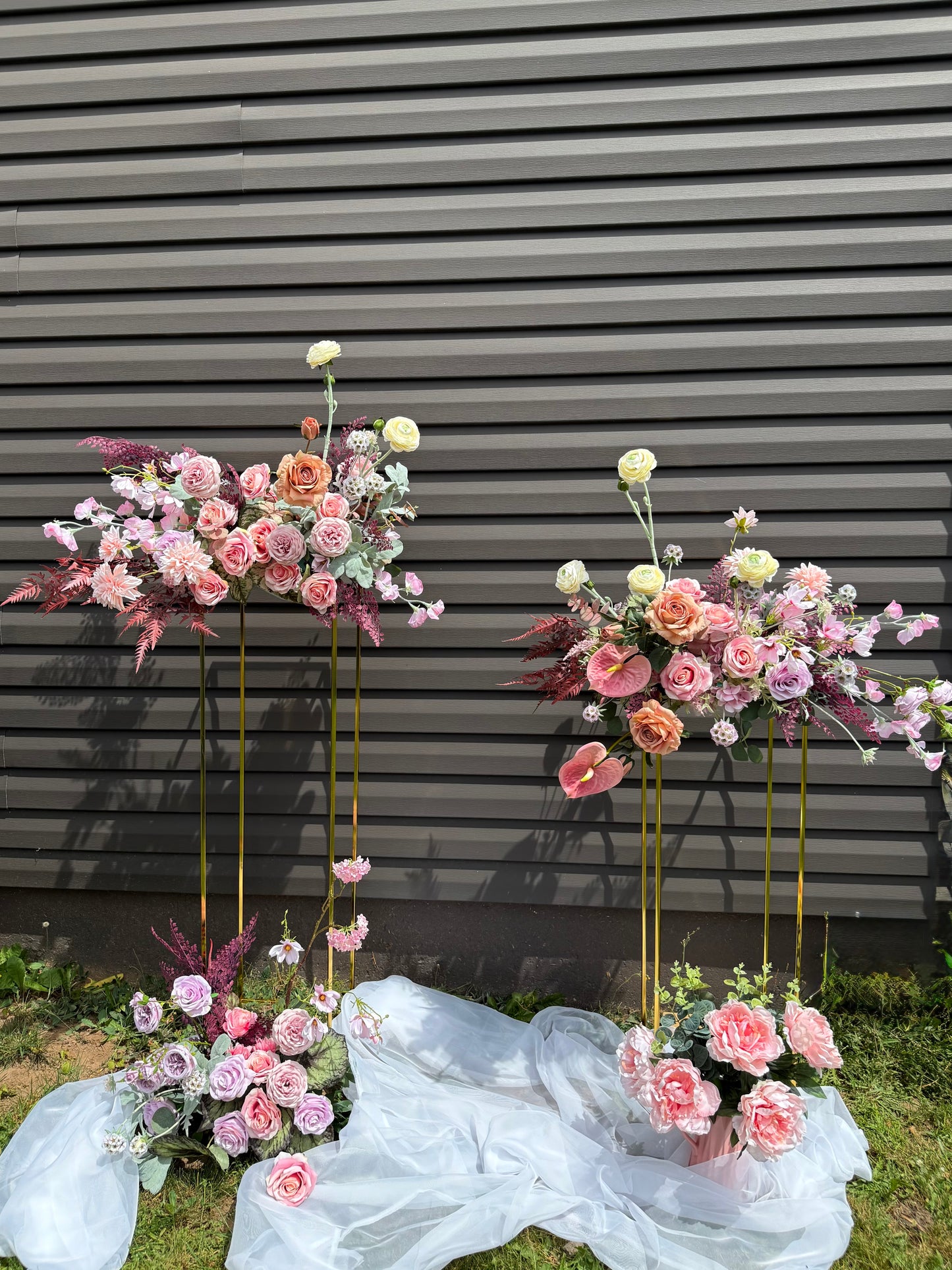 Pink and purple garden style stylish weddings with anthurium, calla lilies and roses