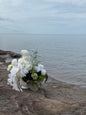 White hydrangeas, dahlias, hanging amaranthus and orchid modern wedding 