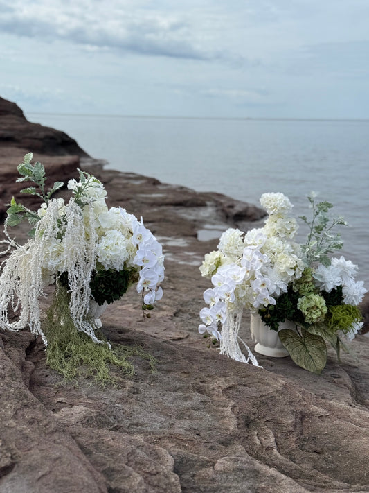 White hydrangeas, dahlias, hanging amaranthus and orchid modern wedding 