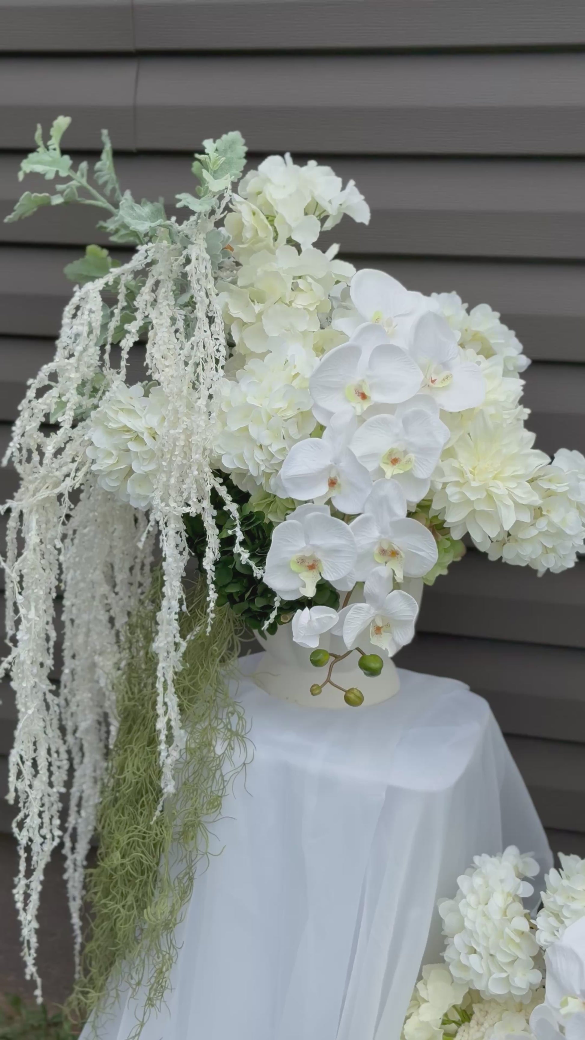 White hydrangeas, dahlias, hanging amaranthus and orchid modern wedding Decor, baby shower decor, engagement brunches decor