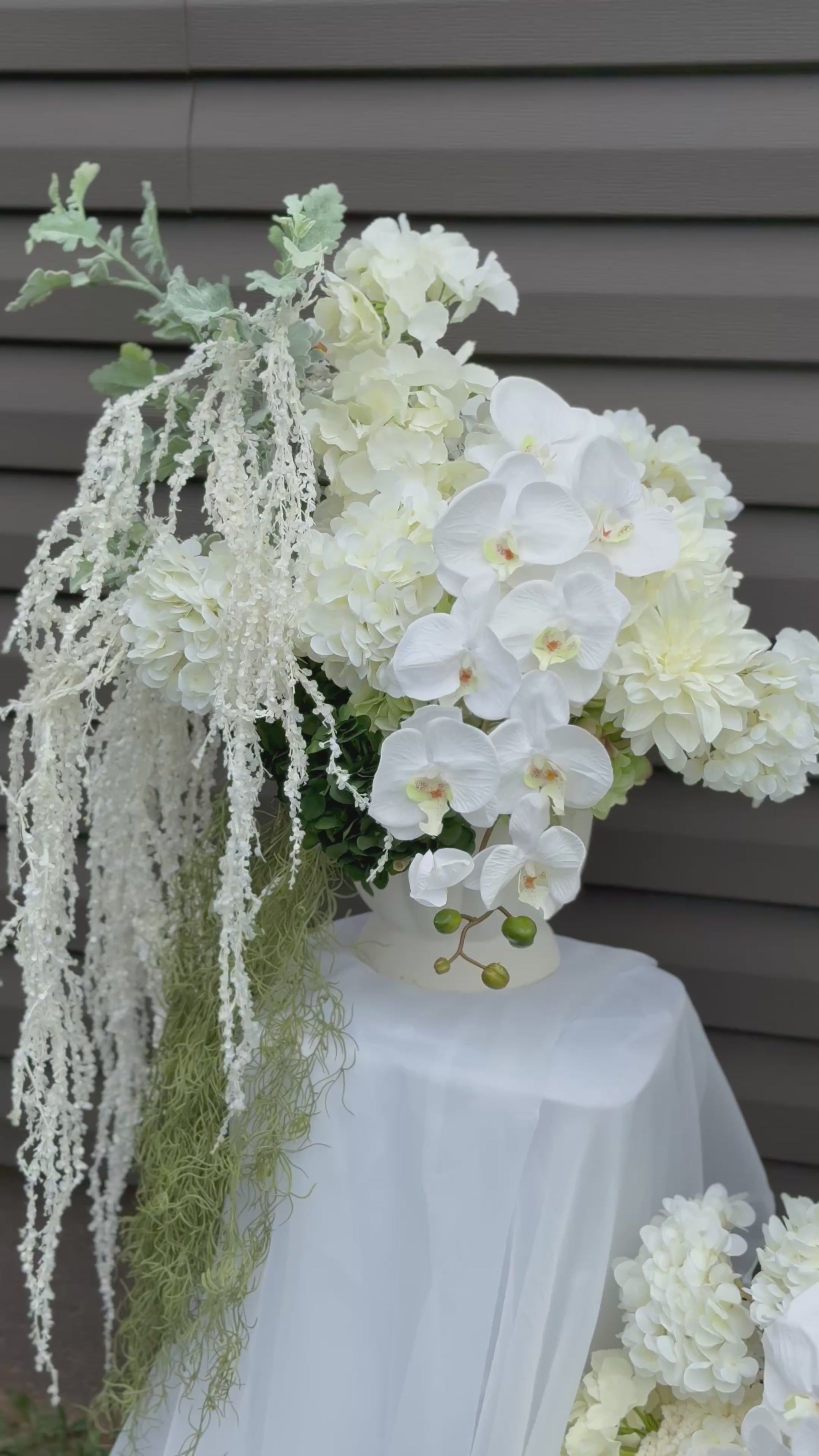 White hydrangeas, dahlias, hanging amaranthus and orchid modern wedding Decor, baby shower decor, engagement brunches decor